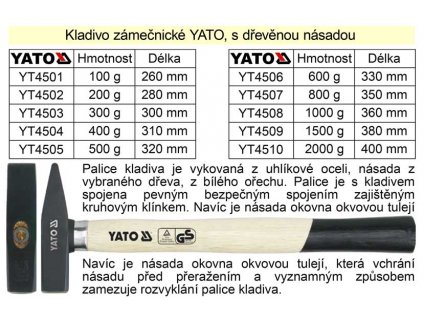 YT-4509_Kladivo zámečnické  YATO s dřevěnou okovanou násadou 1500g
