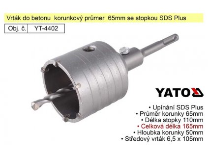 YT-4402_Vrták do betonu  korunkový průmer 65mm se stopkou SDS Plus