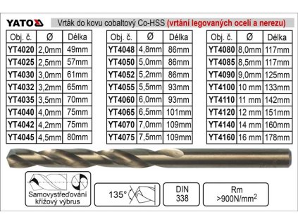YT-4030_Vrták do kovu HSS-Co cobaltový  3,0 mm, balení 2 kusy