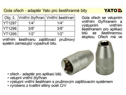 YT-1296_Gola ořech 3/8", adaptér pro bity se šestihranem 8 mm