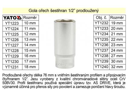 YT-1231_Gola ořech šestihran 1/2"  prodloužený 18mm