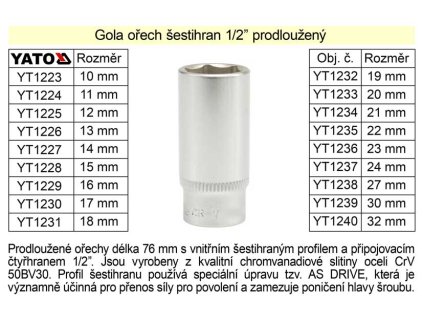 YT-1230_Gola ořech šestihran 1/2"  prodloužený 17mm