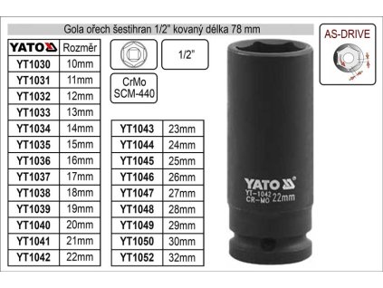 YT-1050_Gola ořech šestihran 1/2" kovaný prodloužený 30mm