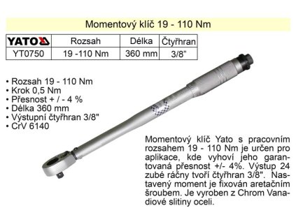 YT-0750_Momentový klíč ohybový  19 - 110 Nm 3/8"  Yato