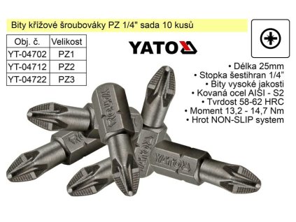 YT-04702_Bit křížový šroubovák PZ1x25mm 1/4" sada 10 kusů YT-04702
