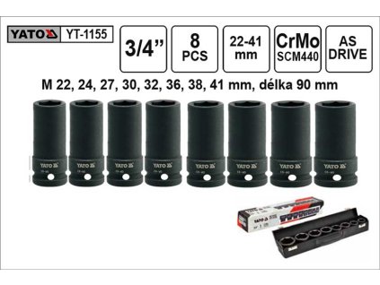 YT-1155_YATO Gola ořechy šestihranné kované prodloužené 3/4" sada 8 kusů 22-41mm YT-1155