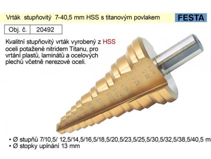 20492_Vrták  stupňovitý 7-40,5 mm HSS s titanovým povlakem