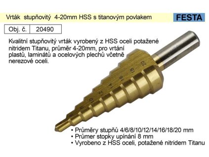 20490_Vrták stupňovitý 4-20mm HSS s titanovým povlakem