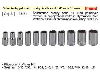 100-03181_Gola ořechy palcové šestihranné 1/4" sada 11 kusů