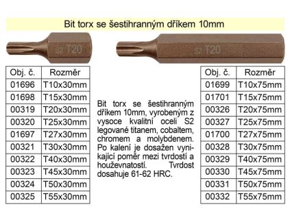 100-00331_Bit torx T50 se šestihranným dříkem 10mm délka 75mm