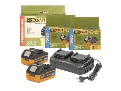 S20-4TURBO/20-2_Sada dvě baterie 20V 4Ah Procraft 20/4 Turbo a nabíječka na dvě baterie 20/2