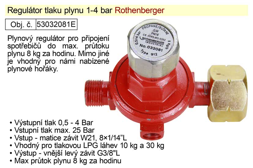 Regulátor tlaku plynu 1-4bar vhodný pro plynové hořáky, W21,8 a G3/8"L 0.311 Kg NÁŘADÍ Sklad2 032081E