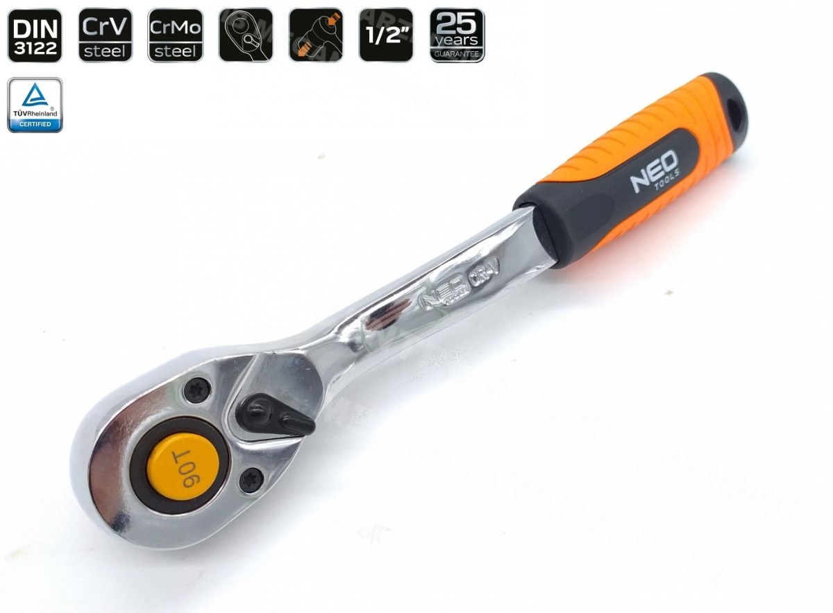 NEO TOOLS Ráčna 1/2" s páčkou, jemný chod 90 zubů, 250mm 0.667 Kg NÁŘADÍ Sklad2 08-536