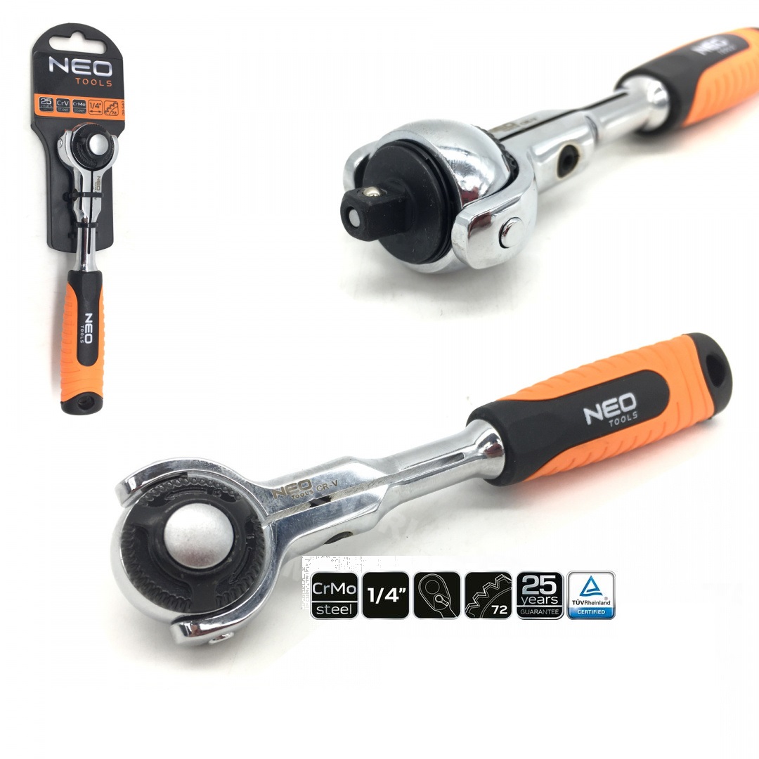 NEO TOOLS Ráčna 1/4" přepínací otočná hlava 360° 72 zubů, 155mm 0.667 Kg NÁŘADÍ Sklad2 08-540 1