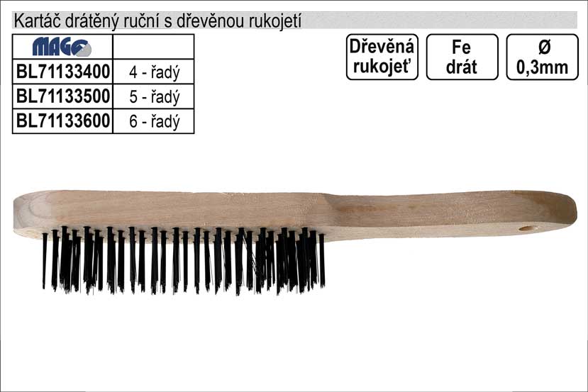 Kartáč drátěný ruční ocelový dřevěný 4 řadý 0.105 Kg NÁŘADÍ Sklad2 22033 5