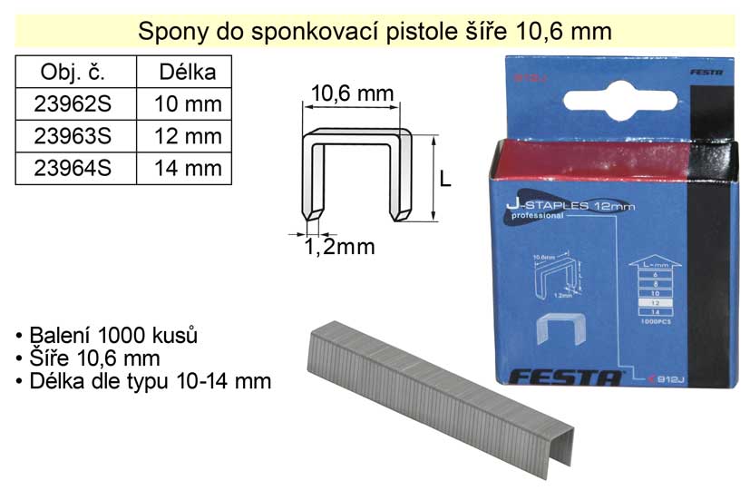 Spony do sponkovačky šíře 10,6 mm hranaté délka 6 mm balení 1000 kusů, typ 140 0.103 Kg NÁŘADÍ Sklad2 23960