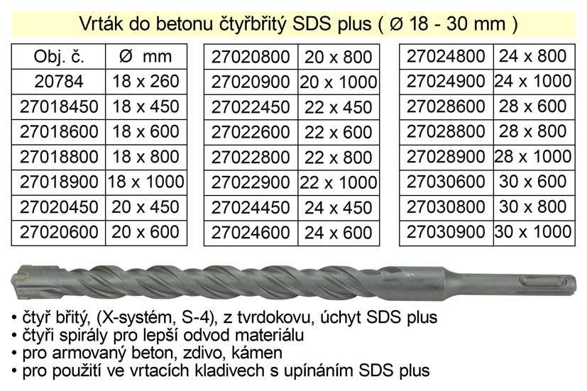 Vrták do betonu čtyřbřitý SDS plus 22x1000mm 1.8 Kg NÁŘADÍ Sklad2 27022900 2