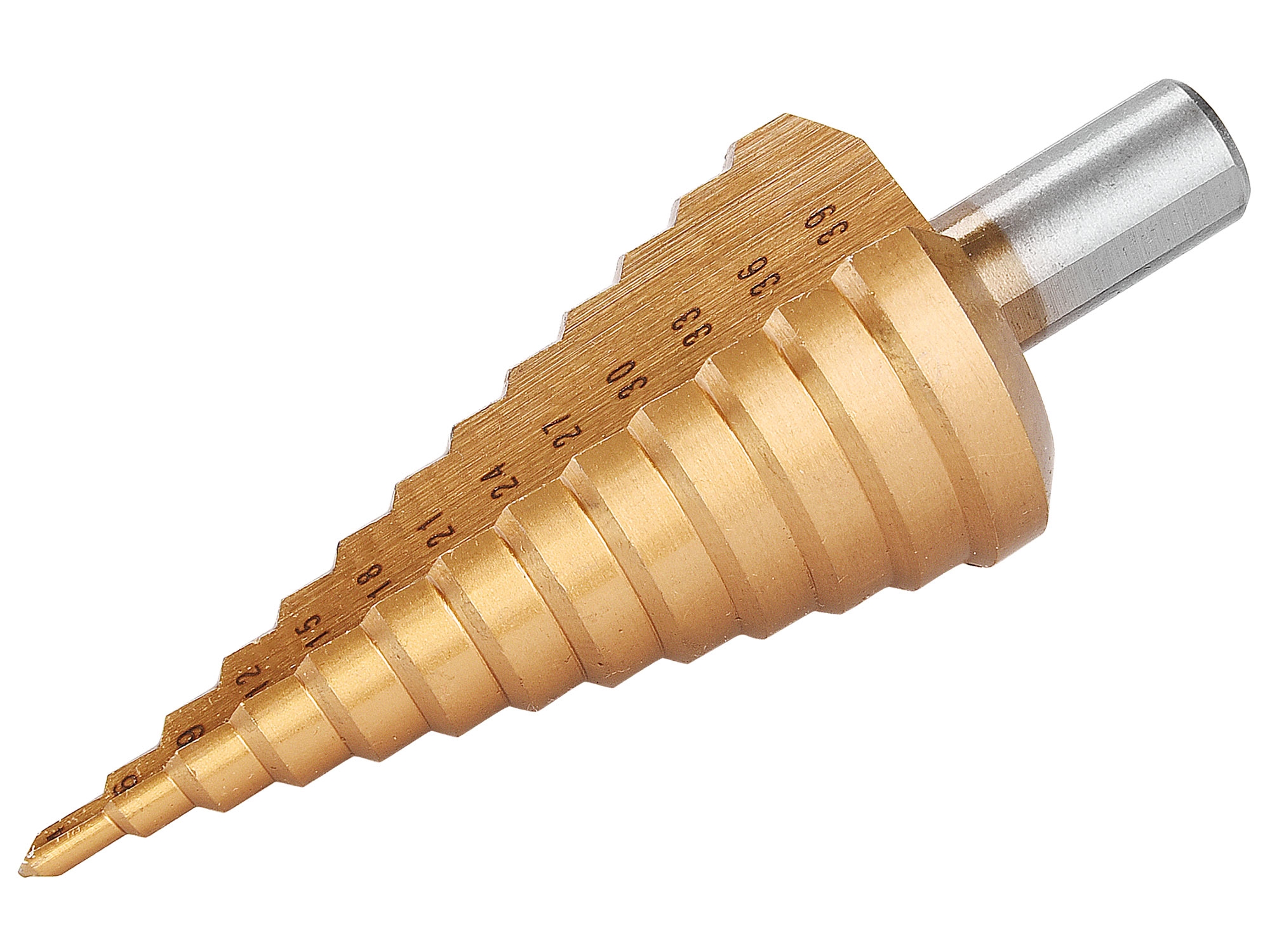 vrták stupňovitý, Ř4-39mm, stupňování po 3mm, 13 otvorů, stopka Ř13mm, délka 107mm, TiN, 0.288 Kg NÁŘADÍ Sklad2 MA20057