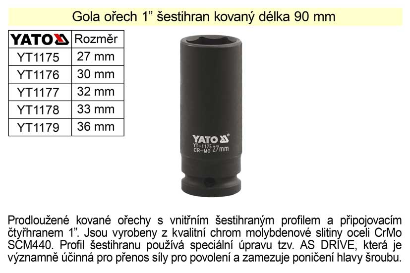 Gola ořech šestihran 1" kovaný prodloužený 27mm 0.941 Kg NÁŘADÍ Sklad2 YT-1175