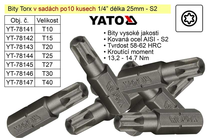 Bit Torx  T10x25mm 1/4' sada 10 kusů YT-78141 0.06 Kg NÁŘADÍ Sklad2 YT-78141