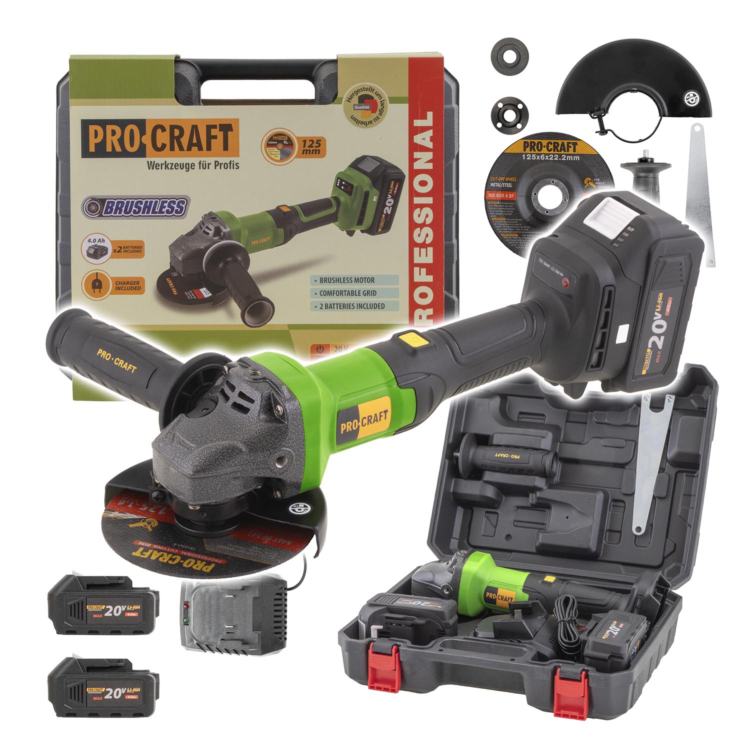 PROCRAFT PGA20 Aku úhlová bruska 125mm, bezuhlíková, 20V, tlačítkový vypínač, BEZ BATERIE 2.13 Kg NÁŘADÍ Sklad2 PGA20BB