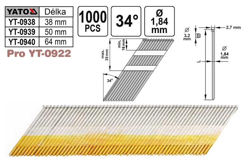 Hřebíky pro hřebíkovačku YT0922 průměr 1,84mm délka 38mm 0.741 Kg NÁŘADÍ Sklad2 YT0938