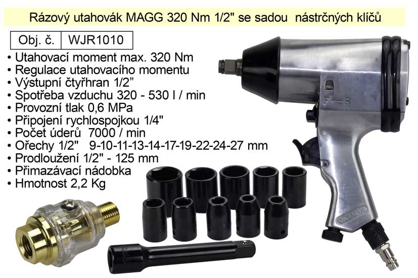 Rázový utahovák MAGG 320 Nm 1/2" se sadou  nástrčných klíčů  WJR1010 1.2 Kg NÁŘADÍ Sklad2 WJR1010 1