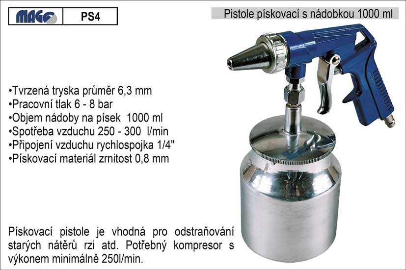 Pistole pískovací s nádobkou objem 1000 ml 1.2 Kg NÁŘADÍ Sklad2 PS4