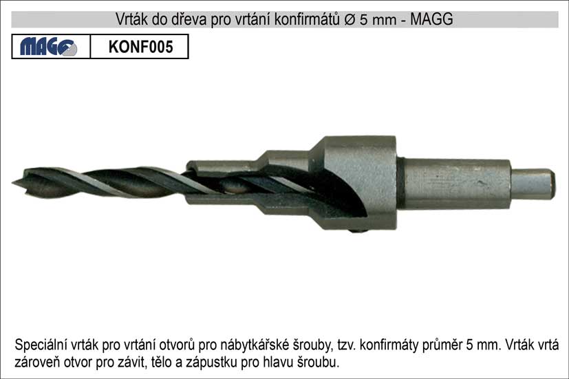 Vrták  do dřeva speciální pro vrtání konfirmátů průměr 5mm MAGG 0.051 Kg NÁŘADÍ Sklad2 KONF005