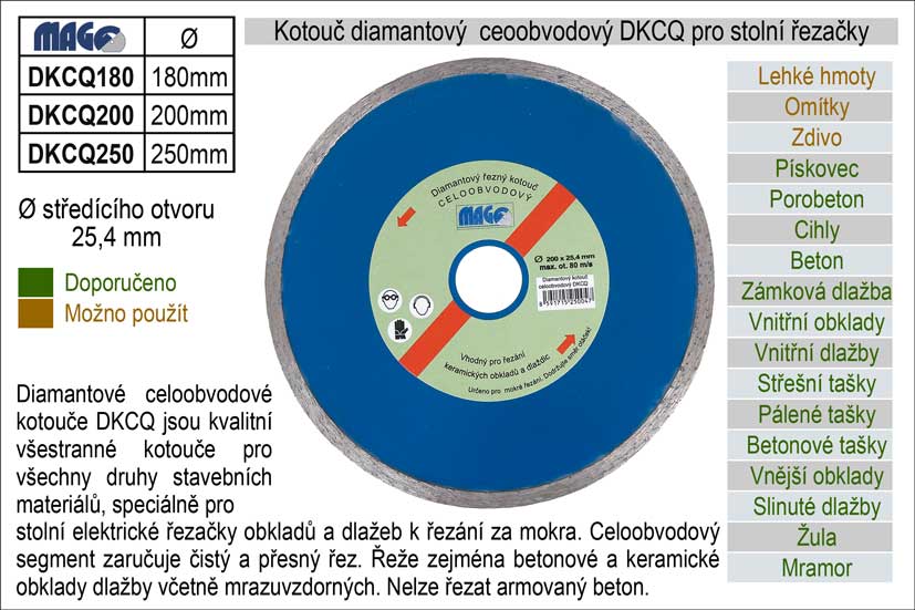 Kotouč diamantový celoobvodový 200x25,4mm pro řezačky dlažeb 0.624 Kg NÁŘADÍ Sklad2 DKCQ200