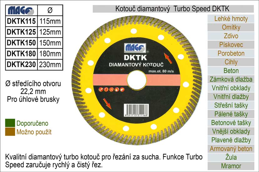 Kotouč diamantový turbo-speed pro úhlové brusky DKTK230 0.71 Kg NÁŘADÍ Sklad2 DKTK230