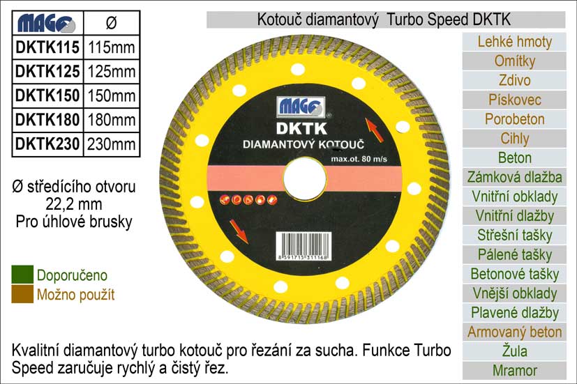 Kotouč diamantový  turbo-speed pro úhlové brusky DKTK180 0.4 Kg NÁŘADÍ Sklad2 DKTK180 1
