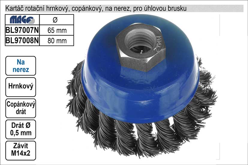 Kartáč rotační na nerez hrnkový 65mm copánkový pro 0.234 Kg NÁŘADÍ Sklad2 BL97007N 3