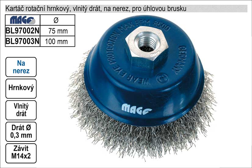Kartáč rotační na nerez hrnkový 100mm vlnitý drát pro úhlovou brusku 0.4 Kg NÁŘADÍ Sklad2 BL97003N