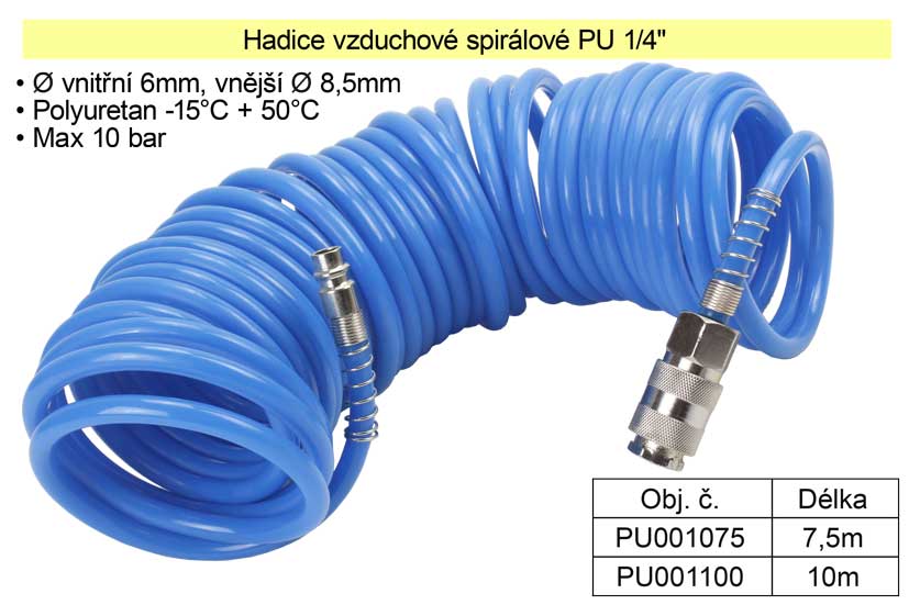 Hadice vzduchová spirálová PU 1/4" délka 10m 0.48 Kg NÁŘADÍ Sklad2 PU001100 1