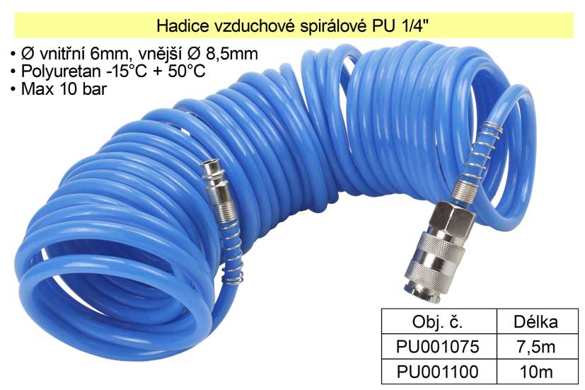 Hadice vzduchová spirálová PU 1/4" délka 7,5m 0.41 Kg NÁŘADÍ Sklad2 PU001075