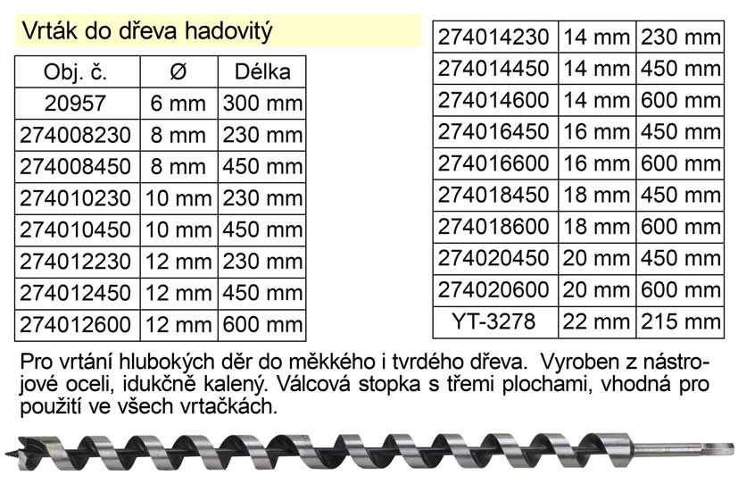 Vrták do dřeva hadovitý samostatný 14x230mm 0.141 Kg NÁŘADÍ Sklad2 274014230