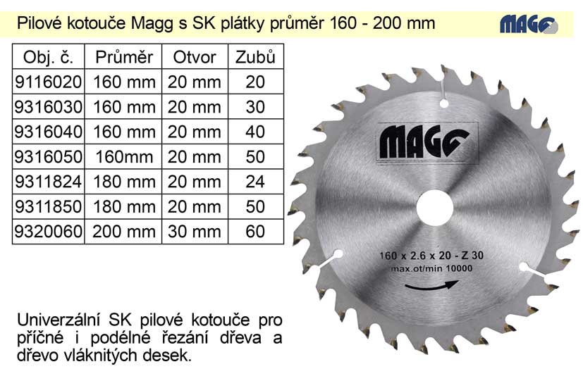 Pilový kotouč s SK plátky 160x20mm 40 zubů Magg 0.24 Kg NÁŘADÍ Sklad2 9316040