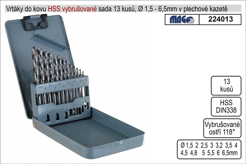 Vrtáky do kovu vybrušované 1,5-6mm HSS 13 kusů 0.32 Kg NÁŘADÍ Sklad2 224013 2