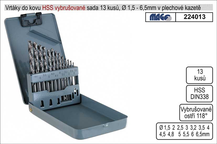 Vrtáky do kovu vybrušované 1,5-6mm HSS 13 kusů 0.32 Kg NÁŘADÍ Sklad2 224013 1