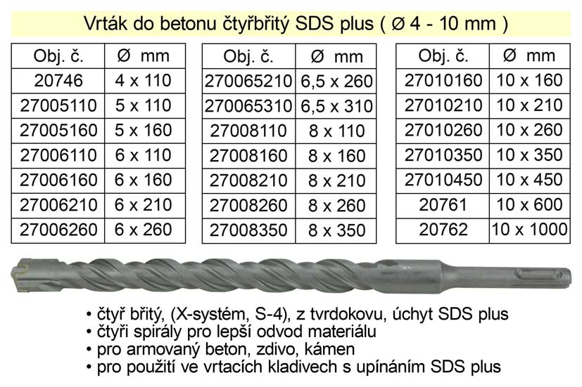 Vrták do betonu čtyřbřitý SDS plus 10x 450mm 0.172 Kg NÁŘADÍ Sklad2 27010450 6