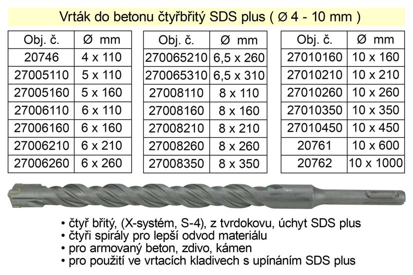 Vrták do betonu čtyřbřitý SDS plus 10x 260mm 0.105 Kg NÁŘADÍ Sklad2 27010260