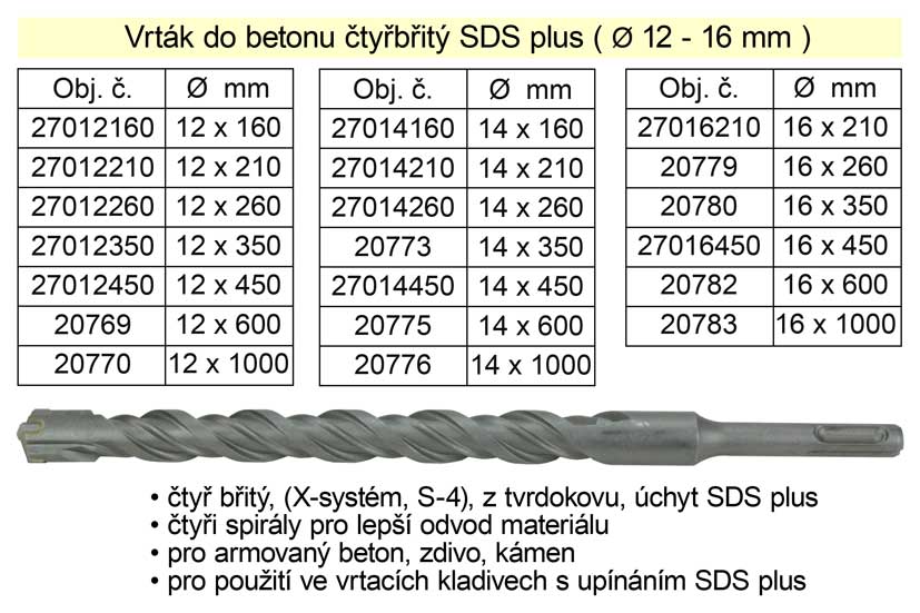Vrták do betonu čtyřbřitý SDS plus 12x 260mm 0.125 Kg NÁŘADÍ Sklad2 27012260