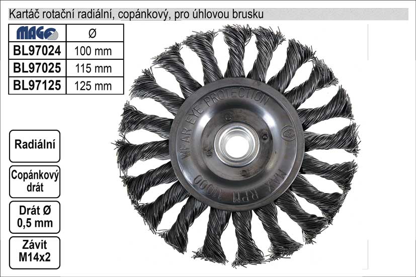 Kartáč rotační radiální 115mm copánkový pro úhlovou 0.27 Kg NÁŘADÍ Sklad2 BL97025