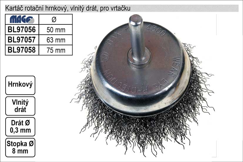 Kartáč rotační hrnkový 50mm vlnitý drát pro vrtačku 0.075 Kg NÁŘADÍ Sklad2 BL97056