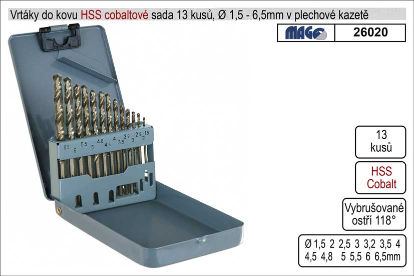 Vrtáky do kovu sada 13 kusů 1-6,5mm Cobaltové 0.32 Kg NÁŘADÍ Sklad2 26020 2