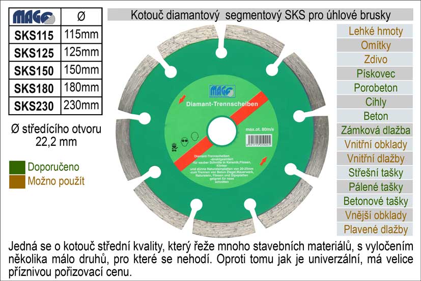 Kotouč diamantový segmentový pro úhlové brusky SKS180 0.374 Kg NÁŘADÍ Sklad2 SKS180 2