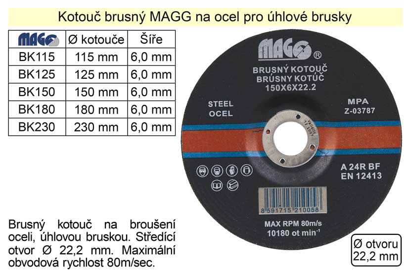 Kotouč brusný na ocel MAGG 230x6 0.605 Kg NÁŘADÍ Sklad2 BK230 25