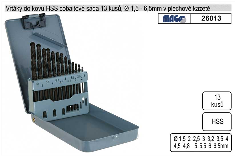 Vrtáky do kovu 1-6,5mm HSS 13 kusů v plechové kazet 0.32 Kg NÁŘADÍ Sklad2 26013