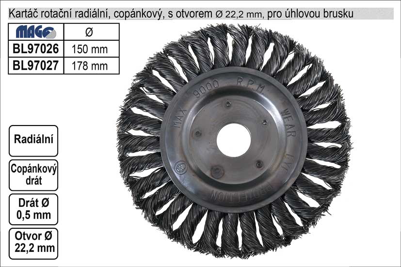 Kartáč rotační radiální 150mm copánkový pro úhlovou 0.55 Kg NÁŘADÍ Sklad2 BL97026